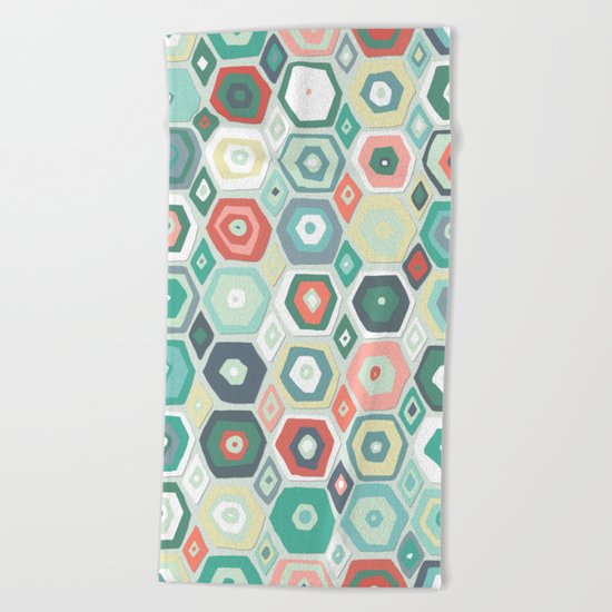 hex diamond coral mint Beach Towel