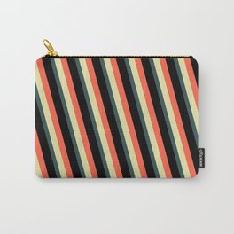 [ Thumbnail: Red, Pale Goldenrod, Dark Slate Gray, and Black Colored Lines Pattern Carry-All Pouch ]