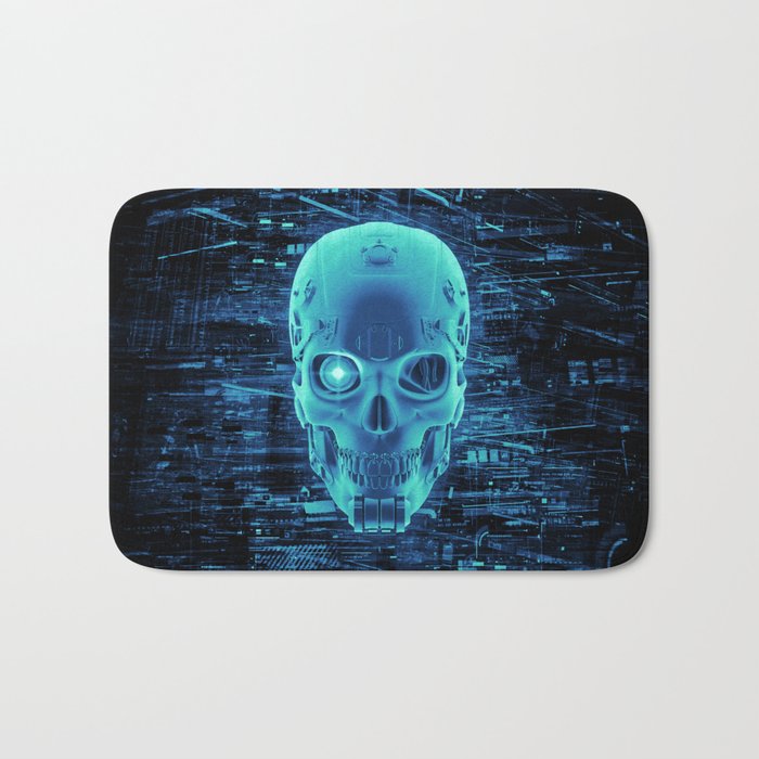 Gamer Skull BLUE TECH / 3D render of cyborg head Bath Mat