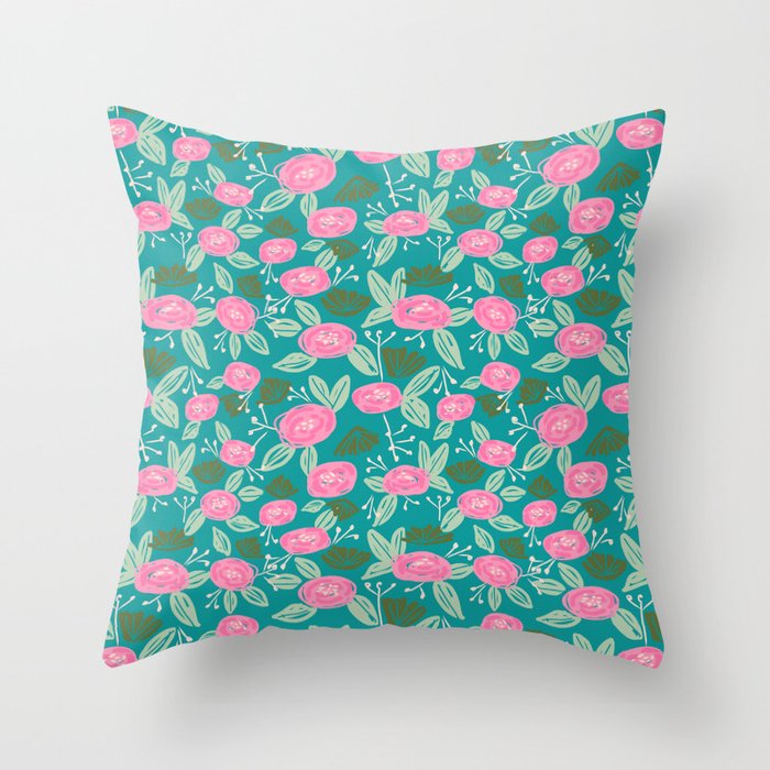 Turquoise blossom blooms painting abstract pattern garden gardener plants summer spring bright  Throw Pillow