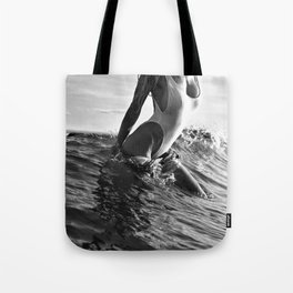 Alone at the Beach in Malibu, female form exiting ocean black and white photography Tote Bag