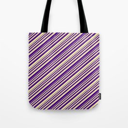 [ Thumbnail: Indigo and Pale Goldenrod Colored Lined Pattern Tote Bag ]