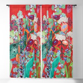 Red floral Jungle Garden Botanical featuring Proteas, Reeds, Eucalyptus, Ferns and Birds of Paradise Blackout Curtain