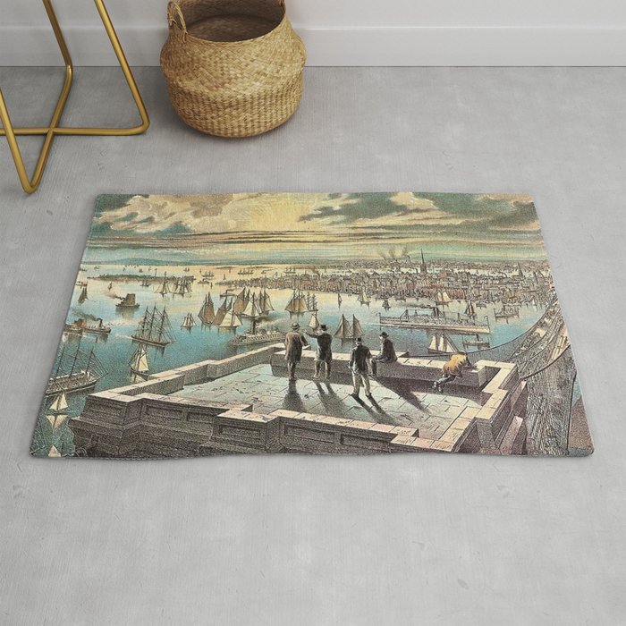 Vintage Currier & Ives New York Harbor Color Lithograph Wall Art Rug