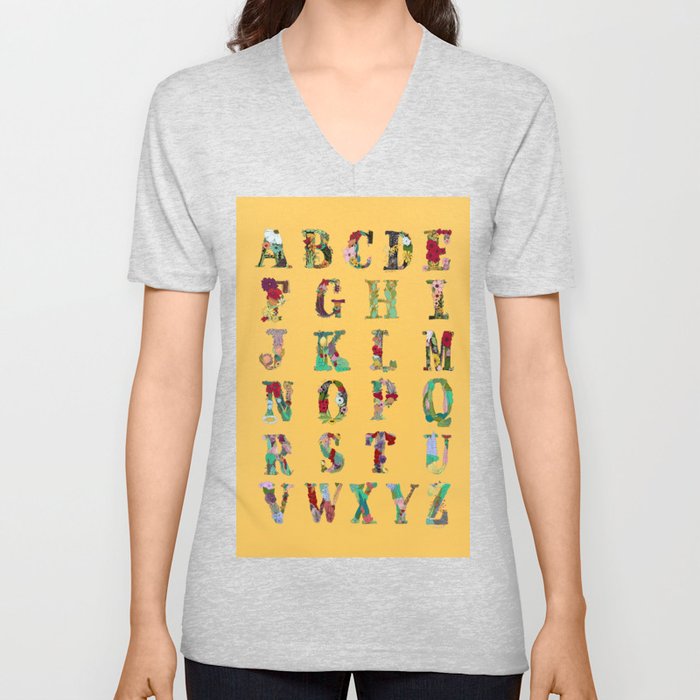 Floral Alphabet in Yellow V Neck T Shirt