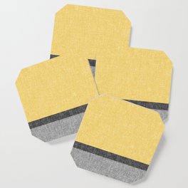 Yellow Grey and Black Section Stripe and Graphic Burlap Print Coaster