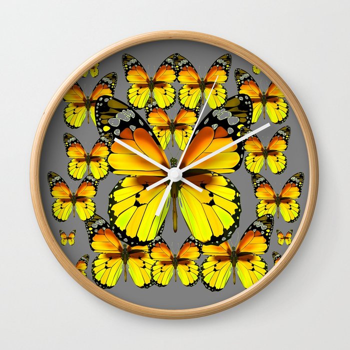 CLUSTER YELLOW-BROWN  BUTTERFLIES GREY  DESIGN Wall Clock