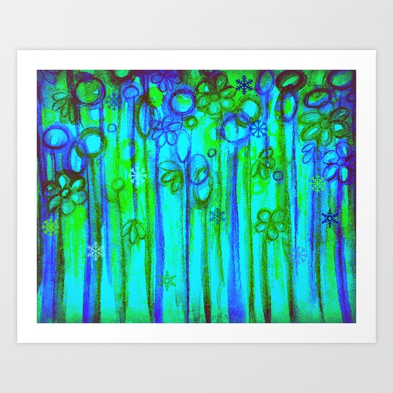 WINTER GARDEN -Bright Blue Green Neon Snowflake Floral Abstract Watercolor Painting and Digital Art Art Print