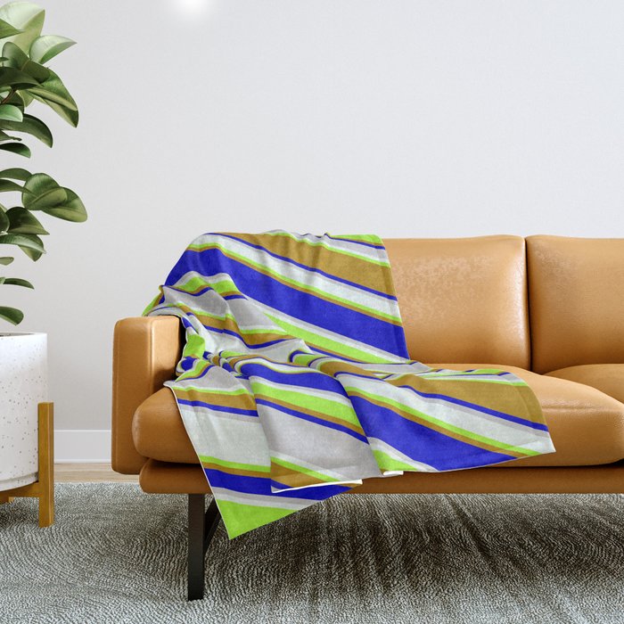Colorful Light Gray, Mint Cream, Light Green, Dark Goldenrod, and Blue Colored Striped/Lined Pattern Throw Blanket