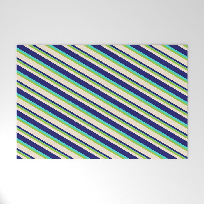 Green, Beige, Midnight Blue & Turquoise Colored Lined/Striped Pattern Welcome Mat