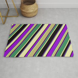 [ Thumbnail: Colorful Sea Green, Pale Goldenrod, Dark Khaki, Black & Dark Violet Colored Lined Pattern Rug ]
