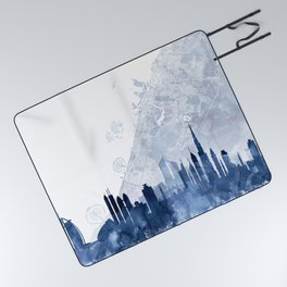 Dubai Skyline & Map Watercolor Navy Blue, Print by Zouzounio Art Picnic Blanket