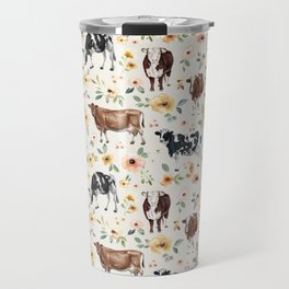 Cows with Pink and Yellow Flowers on Cream, Cow Illustration, Floral Travel Mug