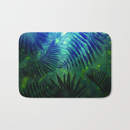 Blue Aloha- Morning Light abstract Tropical Palm Leaves and Monstera Leaf Garden Bath Mat