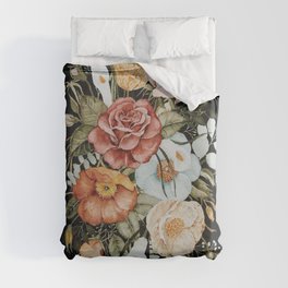 Roses and Poppies Bouquet on Charcoal Black Duvet Cover