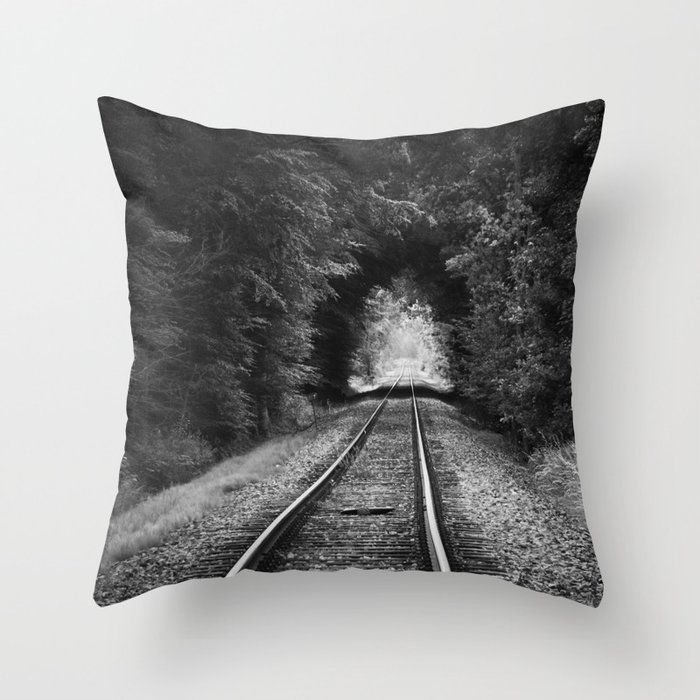 Don't go riding on the long black train; lonely railroad tracks through natural tunnel of leafy trees black and white photograph - photography - photographs Throw Pillow