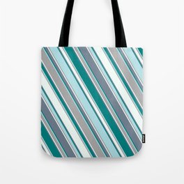 [ Thumbnail: Slate Gray, Teal, Powder Blue, Dark Grey, and Mint Cream Colored Lines/Stripes Pattern Tote Bag ]