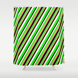 [ Thumbnail: Brown, Black, White & Lime Colored Lined/Striped Pattern Shower Curtain ]