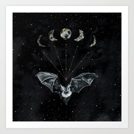 Bat and Moon Phases, Black Gold, Celestial Stars Witchy Art Print