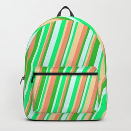 [ Thumbnail: Vibrant Light Cyan, Green, Tan, Light Salmon & Lime Green Colored Striped Pattern Backpack ]