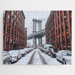 Manhattan Bridge during winter snowstorm blizzard in New York City Jigsaw Puzzle