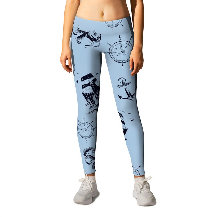 Pale Blue And Blue Silhouettes Of Vintage Nautical Pattern Leggings