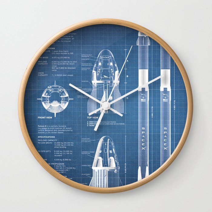 NASA SpaceX Crew Dragon Spacecraft & Falcon 9 Rocket Blueprint in High Resolution (light blue) Wall Clock