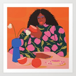 Still Life of a Woman with Dessert and Fruit Art Print