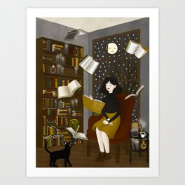 floating books Kunstdrucke | Witchy, Spell, Digital, Books, Library, Moon, Bibliophile, Reading, Painting, Book 