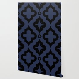 Navy Blue and Black Ornamental Arabic Pattern Wallpaper