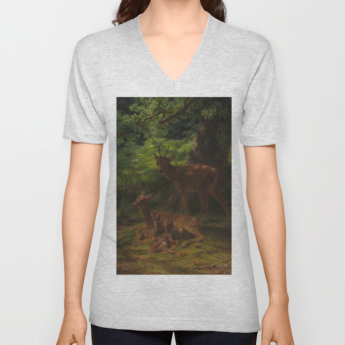 Rosa Bonheur, Deer in Repose,Biches et cerf au repos V Neck T Shirt