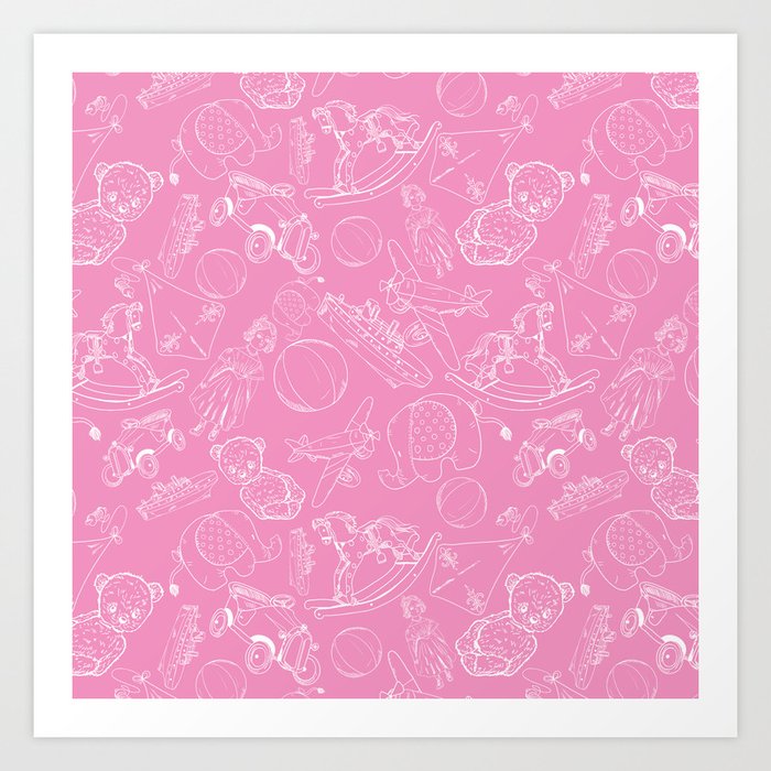 Pink and White Toys Outline Pattern Art Print