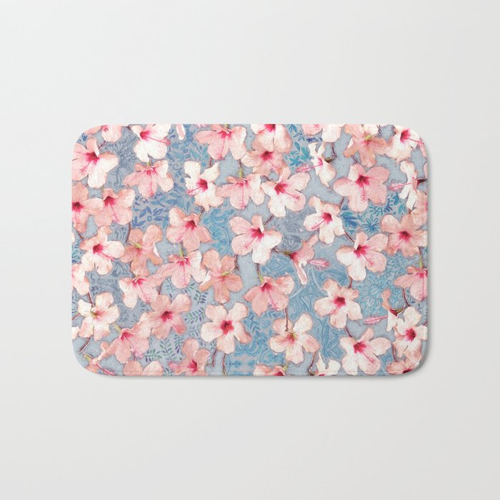 Shabby Chic Hibiscus Patchwork Pattern In Pink Blue Bath Mat By