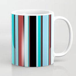 [ Thumbnail: Brown, Dark Turquoise, Light Cyan, Sky Blue, and Black Colored Lines/Stripes Pattern Coffee Mug ]