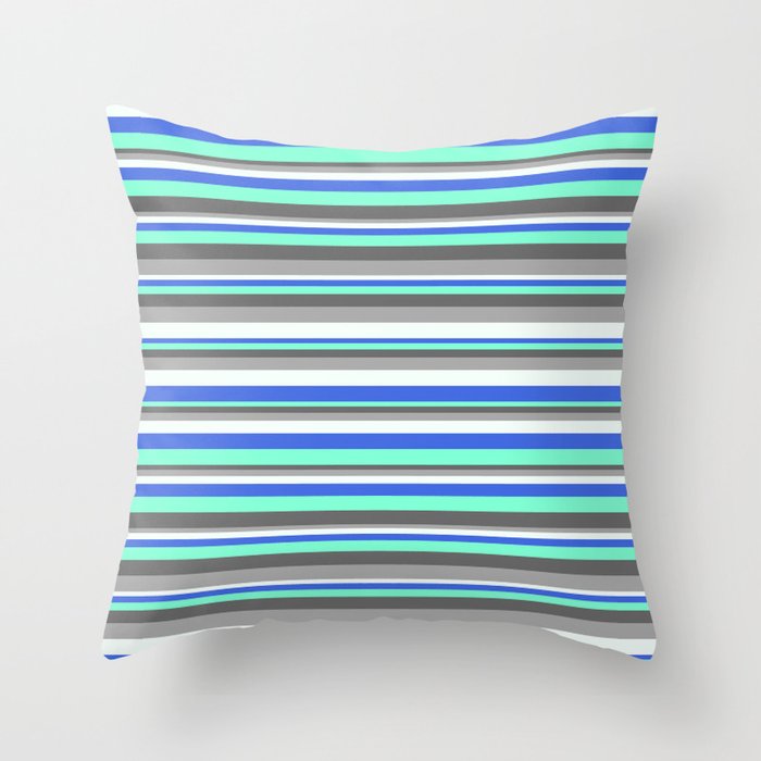 Colorful Royal Blue, Aquamarine, Dim Grey, Dark Grey & Mint Cream Colored Lined/Striped Pattern Throw Pillow