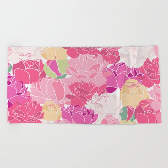 Bunch of Colorful Peonies Flowers Pattern Beach Towel