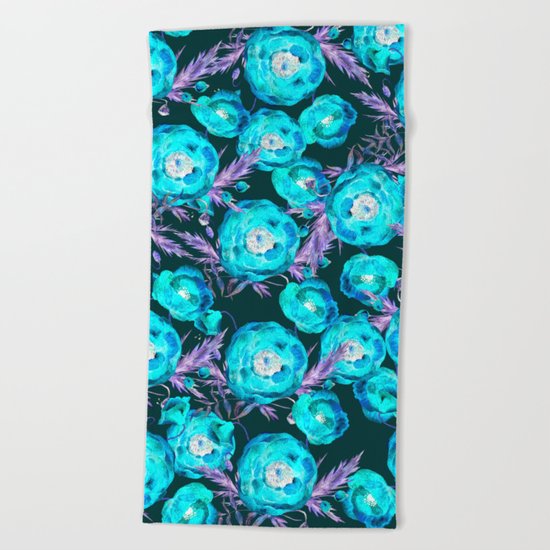 Abstract Poppy Pattern Blue And Black Beach Towel