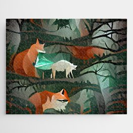 Fox and Wolf Hunt in Forest at Night Jigsaw Puzzle