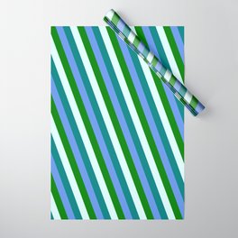 [ Thumbnail: Cornflower Blue, Green, Light Cyan & Teal Colored Stripes Pattern Wrapping Paper ]