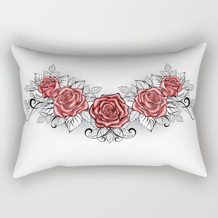 Dotwork Red Roses Tattoo Rectangular Pillow