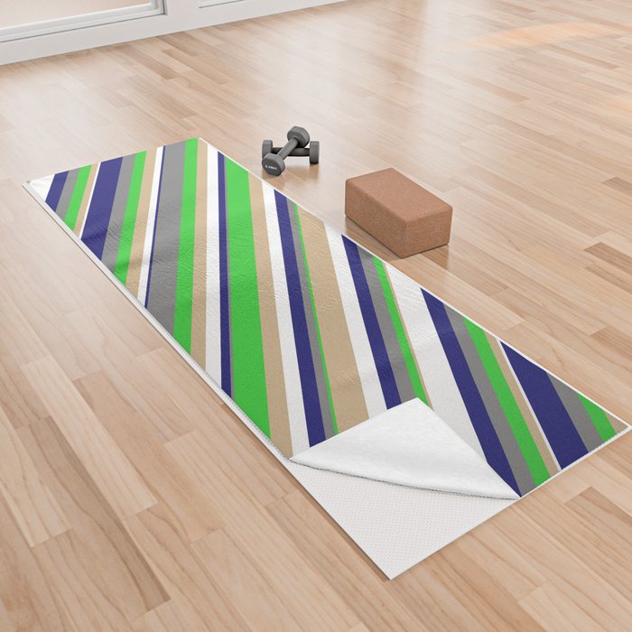 Eyecatching Tan, Lime Green, Grey, Midnight Blue & White Colored Lines Pattern Yoga Towel