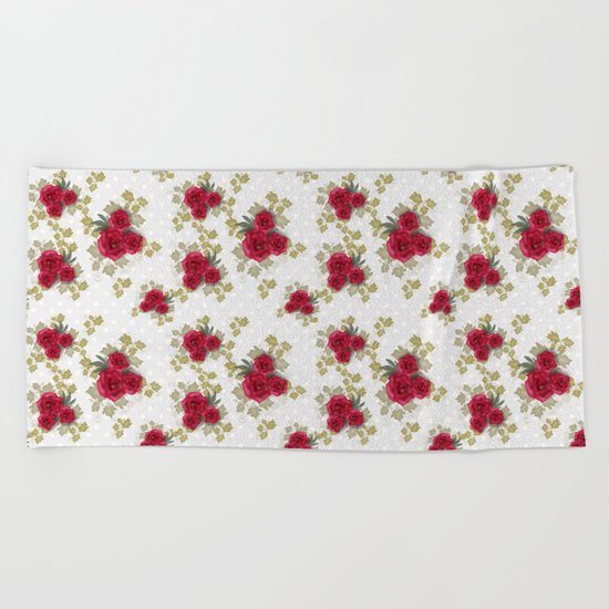 Red retro roses print Beach Towel