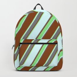 [ Thumbnail: Brown, Light Green, Light Cyan, and Grey Colored Lined Pattern Backpack ]
