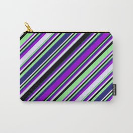 [ Thumbnail: Vibrant Dark Violet, Lavender, Black, Light Green & Midnight Blue Colored Lines Pattern Carry-All Pouch ]