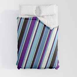 [ Thumbnail: Colorful Indigo, Sky Blue, Blue, Mint Cream, and Black Colored Lines Pattern Comforter ]