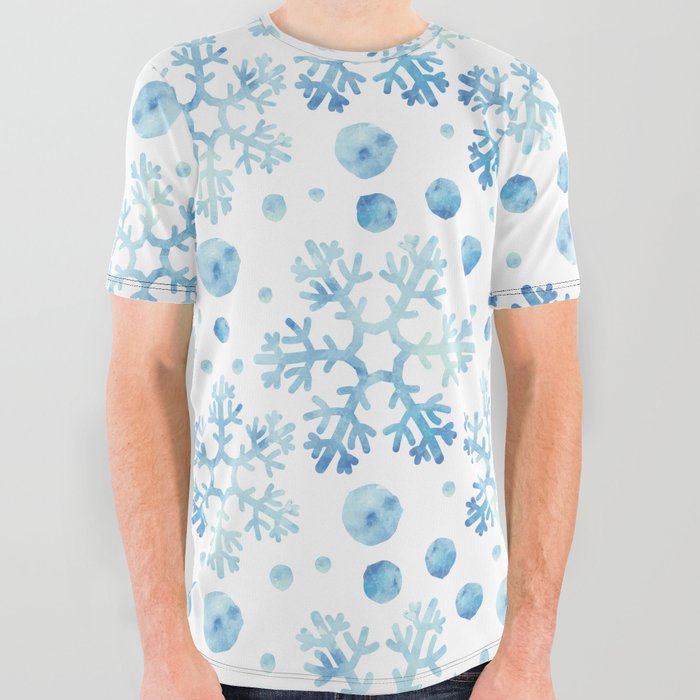 Christmas Pattern Watercolor Blue Snowflake Bauble All Over Graphic Tee