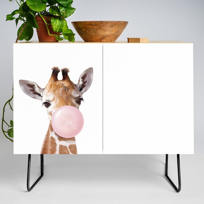 Baby Giraffe Blowing Bubble Gum, Pink Nursery, Baby Animals Art Print by Synplus Credenza