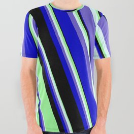[ Thumbnail: Green, Light Cyan, Slate Blue, Blue, and Black Colored Stripes Pattern All Over Graphic Tee ]