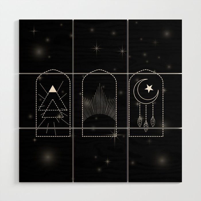 Minimal mystic arches with magic symbols dreamcatcher and pyramids	 Wood Wall Art