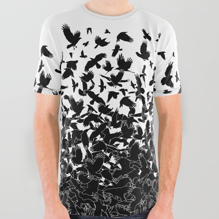 Raven Crow Flying Birds Abstract Goth Halloween Pattern All Over Graphic Tee